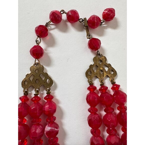 Vintage Triple-Strand Red Lucite Beaded Necklace With Brass Findings & Hook Clas - Picture 5 of 16